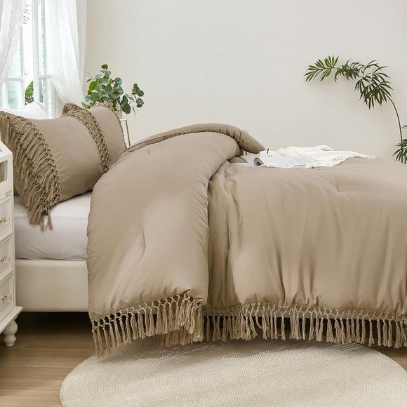 Tan Boho Tassels Trim Full Size Bed Comforter and Shams Bohemian Bedding 3pc Set - Picture 1 of 14